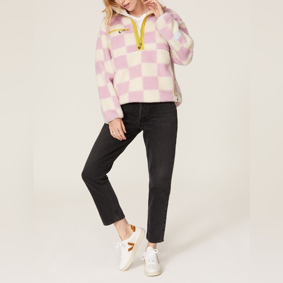 Levi's Pink and White Checkered Sherpa Pullover with Yellow Zip - Picture 6 of 9